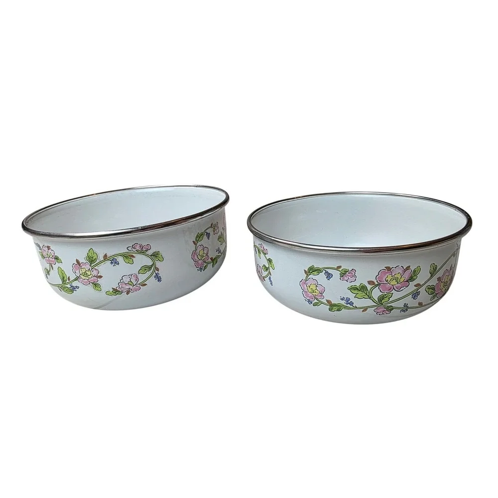 Kobe Kitchen Enamelware Floral Mixing Bowls Set of‎ 2 White Made in Japan 6 G1
